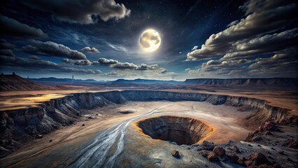 A Desolate Lunar Landscape Featuring a Crater and a Starry Night Sky