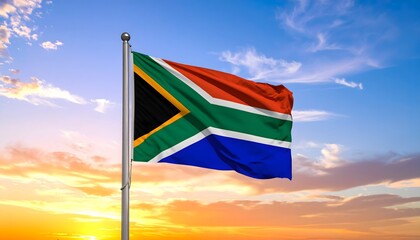 Obraz premium South African flag waving proudly on a flagpole against a vibrant sunset sky. The 'Rainbow Nation' flag is a symbol of unity, patriotism, and national identity.