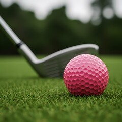 A pink golf ball on a green golf course with a golf club in the background, a golf club in the background, Women's golf poster, Golf Tournament Flyer Template a pink golf ball on green grass