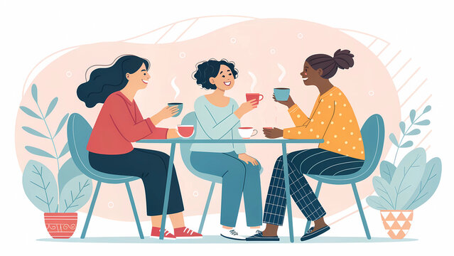 Diverse women friends enjoying coffee together at cafe friendship and connection illustration vector art - Powered by Adobe