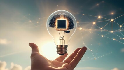 AI Brain & Innovation: Hand Holding Light Bulb with Microchip Concept