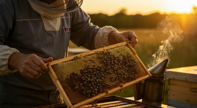 Beekeeper checking honeycomb frame outdoors