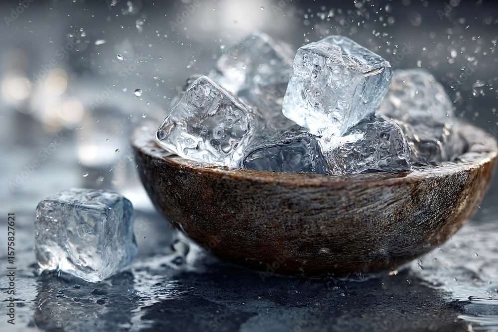 Poster refreshing ice cubes are splashing into a wooden bowl, creating a dynamic scene with water droplets 