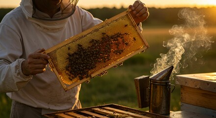 Beekeeper inspecting honeycomb at sunset