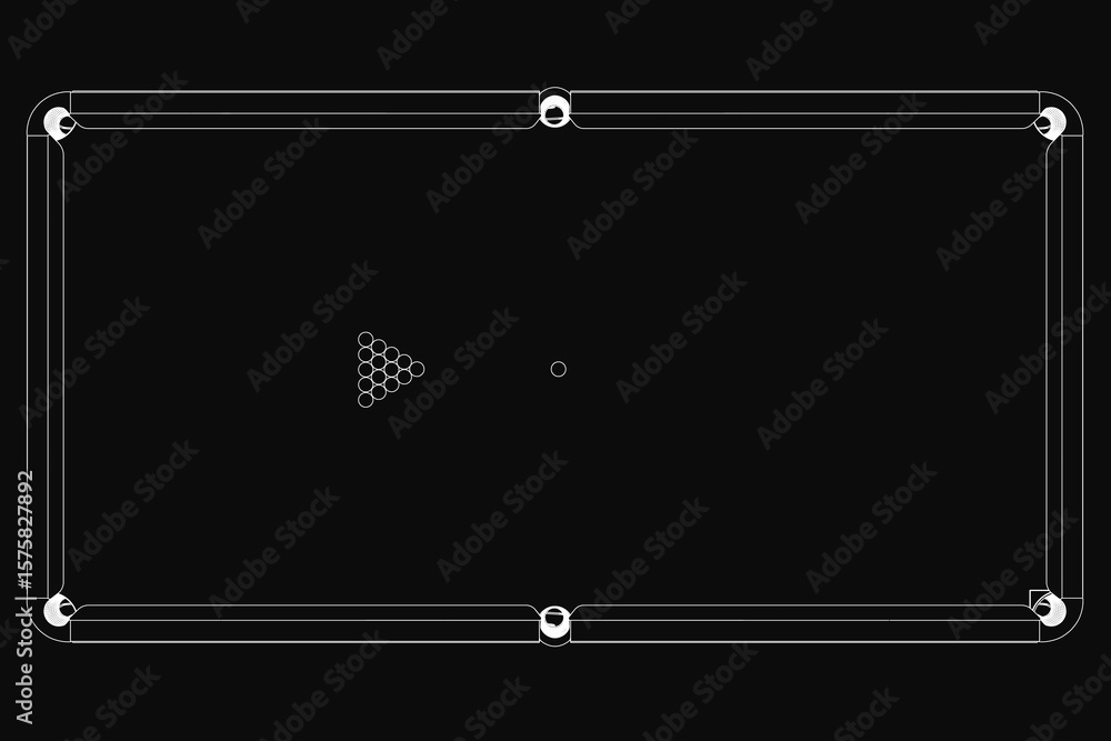 Poster a black and white drawing of a pool table features eight balls arranged in a perfect triangle format