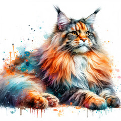 Watercolor Maine Coon Cat Portrait