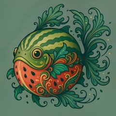 Fototapeta premium Fantasy watermelon fish with leafy fins floral patterns and surreal aquatic decorative style 