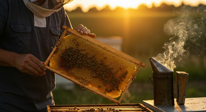 Beekeeper inspecting honeycomb frame sunset - Powered by Adobe