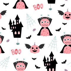 Halloween seamless pattern with monster, pumpkin, spider, spiderweb, bat, castle. Scary vector illustration	
