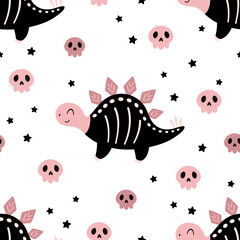 Halloween seamless pattern with cute dinosaur, skulls and stars. Spooky season vector background.