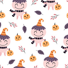 Halloween seamless pattern with cute monster, pumpkins and fall leaves. Scary vector illustration