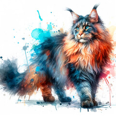 Watercolor Maine Coon Cat Portrait
