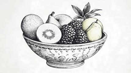 Ornate fruit bowl filled with various fruits.
