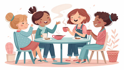 Illustration of girls friends having tea party at cafe cartoon vector art design for children book and graphic
