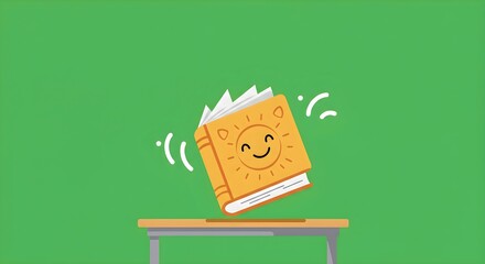 Happy Orange Book Character Jumping on a Desk with Green Background