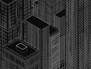 Black and white cityscape illustration features towering skyscrapers arranged in a precise grid pattern. The buildings create strong perspective lines and depth.