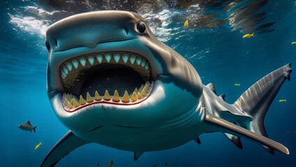 Predatory Great White Shark: Close-Up Underwater View with Open Jaws