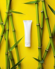 Obraz premium Mockup White Cosmetic Tube with Bamboo on Yellow background with copy space for Skincare product promotion.