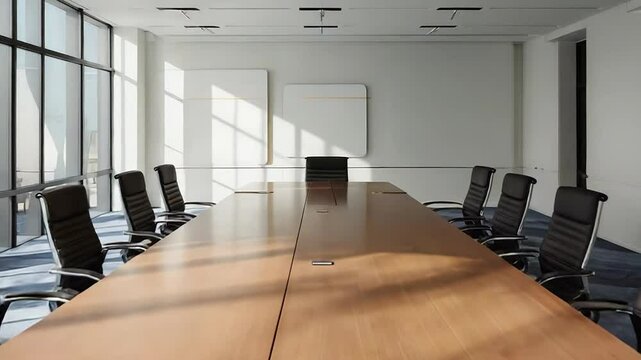 Modern conference room with empty chairs and sunlight streaming through windows