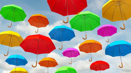 Colored umbrellas flying in the sky. Pink, yellow, green, red, blue, orange umbrellas. 3D illustration