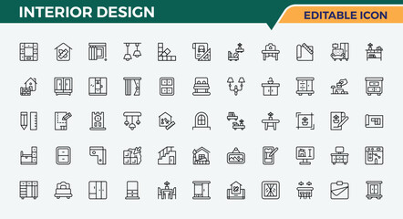 Interior Design icon set in linear style. Isolated icons. Interior icon set. Contains such symbols as design, construction, decor, furniture, house, architect, room and more.