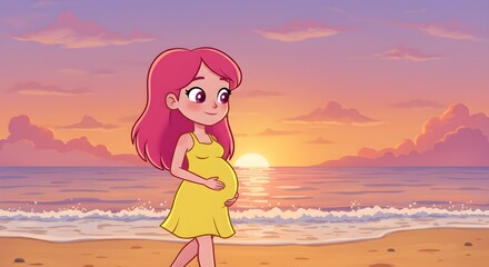 Illustrated Pregnant Woman in Yellow Dress Walking on Beach at Sunset