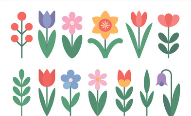 A flat vector illustration of various spring flowers including tulips, daffodils, and berries


