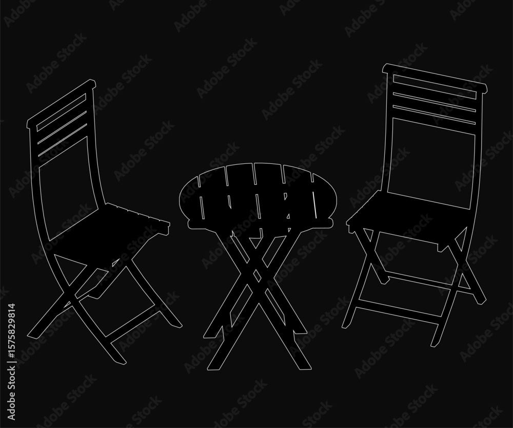 Poster three folding chairs with curved backrests and armrests surround a slightly larger table in a triang
