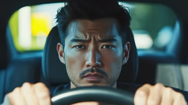 Driver Looks Serious and Grips the Steering Wheel