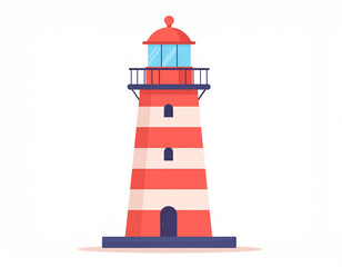 Flat Vector Illustration of Classic Red and White Lighthouse on White Background – Simple Nautical Design with Bold Outlines, Perfect for Icons, Education, and Minimalist Themes

