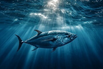 Fototapeta premium Sunbeams piercing the ocean surface illuminate a large tuna fish gracefully swimming in its natural habitat, creating a captivating underwater scene