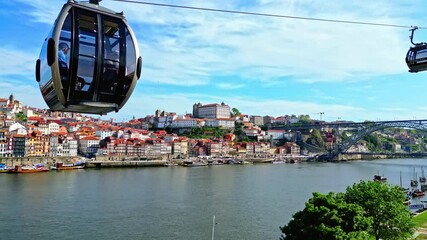 Aerial view of cable car near Dom Luís Bridge, Portugal.