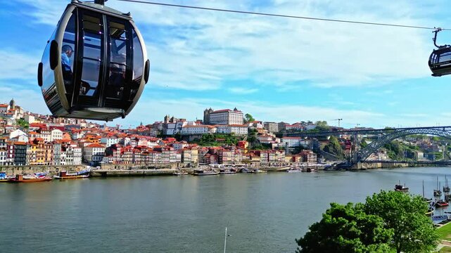 Aerial view of cable car near Dom Lu&iacute;s Bridge, Portugal.