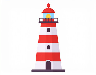 Flat Vector Illustration of Classic Red and White Lighthouse on White Background &ndash; Simple Nautical Design with Bold Outlines, Perfect for Icons, Education, and Minimalist Themes

