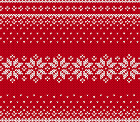 Geometric Christmas pattern. Traditional background with snowflakes. Xmas winter knit seamless print. Red knitted sweater texture. Holiday wool pullover ornament. Festive crochet. Vector illustration
