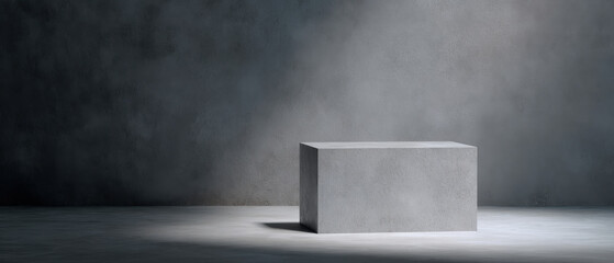 Solitary concrete block sits in dimly lit room