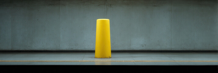 Yellow warning sign on empty subway platform evokes caution