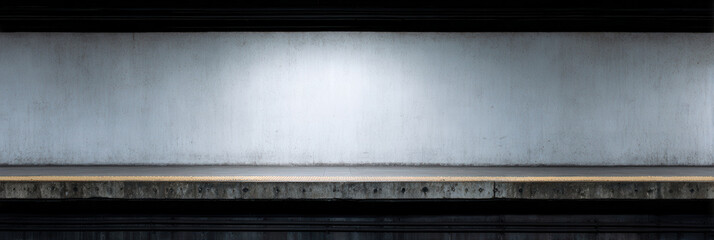 Empty subway platform with warning sign on wall