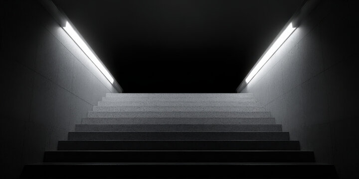 Dimly lit subway stairs leading into darkness