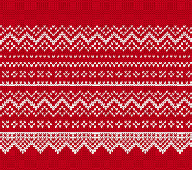 Red knitted geometrical pattern. Fair isle traditional holiday background. Xmas print border. Red and white Christmas seamless ornament. Festive sweater. Vector illustration.