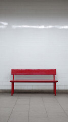Red bench against white metro wall, minimalist design