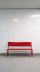 Red bench against white metro wall creates minimalist contrast