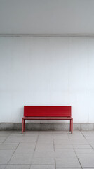 Red bench against white metro wall, minimalist design