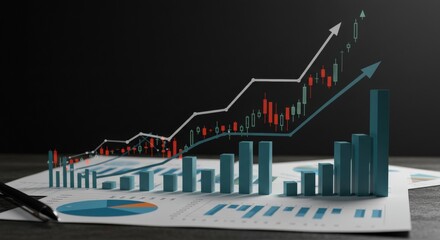 Upward-trending sales chart with bars or lines indicating business growth and positive financial performance. Concept of revenue increase and successful marketing results.
