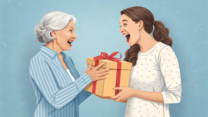 Mother's day gift giving happy family celebration surprise present love care grandma daughter illustration