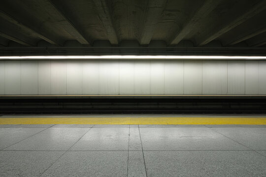 Empty subway station with concrete floor and ceiling, yellow safety line visible