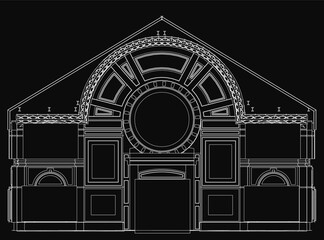 A black and white drawing of a grand church or cathedral featuring a prominent circular arch. Detailed architectural elements include ornate columns, intricate arches, and elaborate stonework.