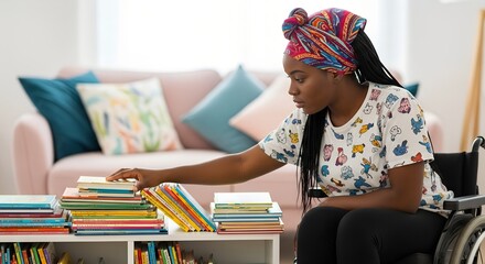 Young black woman organizing colorful books in modern living room  
