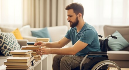 Young man in wheelchair organizing books on table at home  