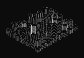 Black and white isometric city illustration featuring tall buildings in clean outline style. The urban skyline has a geometric perspective with detailed structures.